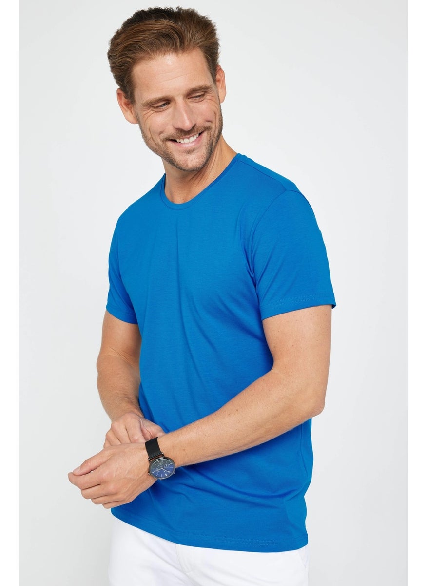 Men's Slim Fit Slim Cut Cotton Soft Texture Flexible Fabric Plain Basic Turquoise Crew Neck T-Shirt