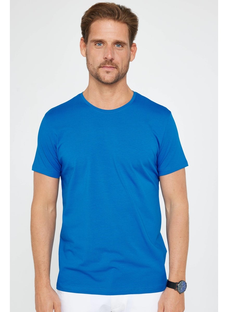 Men's Slim Fit Slim Cut Cotton Soft Texture Flexible Fabric Plain Basic Turquoise Crew Neck T-Shirt