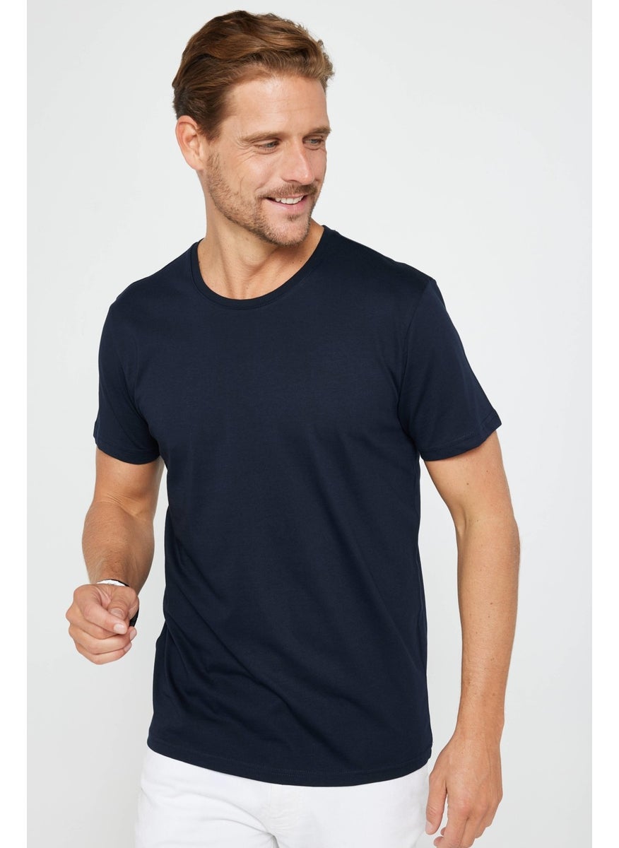 Men's Slim Fit Narrow Cut Crew Neck Organic Cotton Soft Textured Short Sleeve Navy Blue T-Shirt