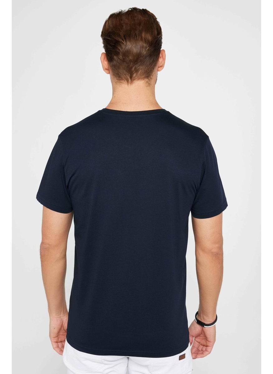 Men's Slim Fit Narrow Cut Crew Neck Organic Cotton Soft Textured Short Sleeve Navy Blue T-Shirt