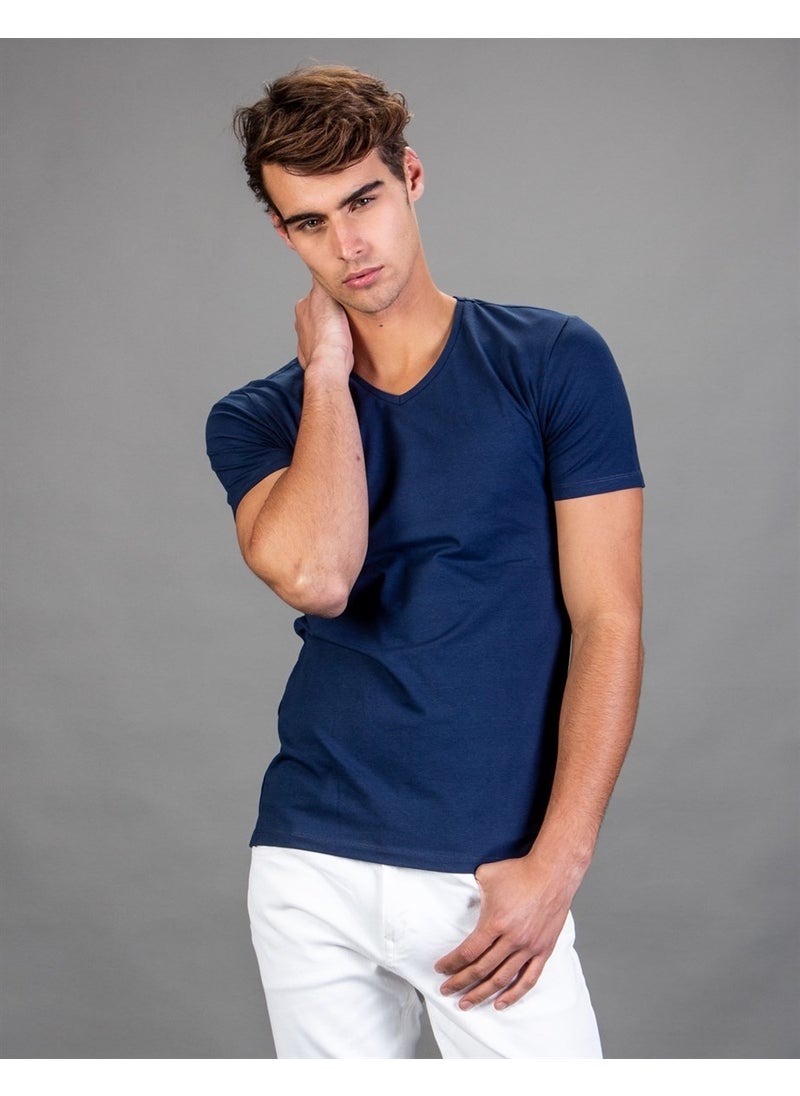 V-Neck Lycra Plain Navy Blue T-Shirt