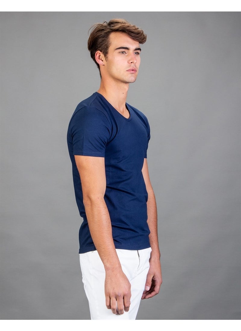 V-Neck Lycra Plain Navy Blue T-Shirt