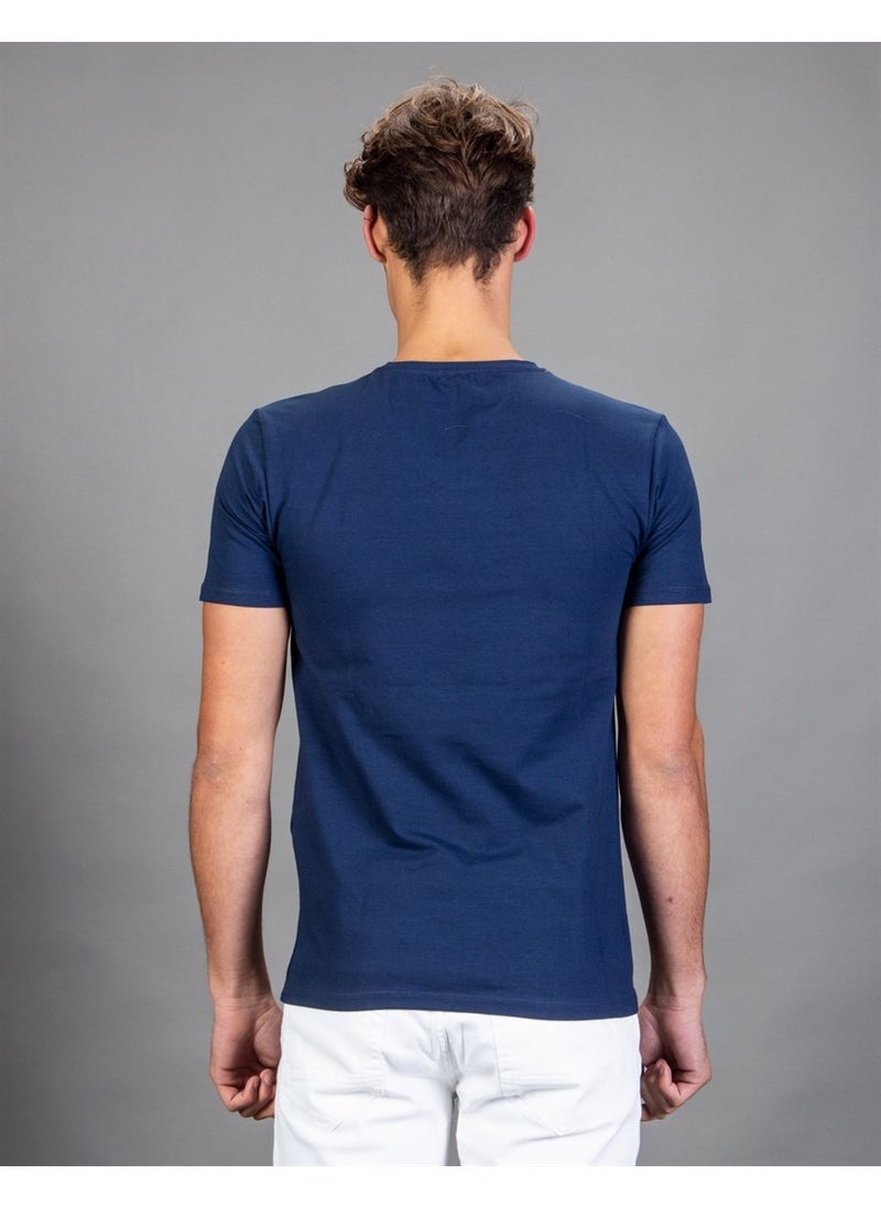 V-Neck Lycra Plain Navy Blue T-Shirt