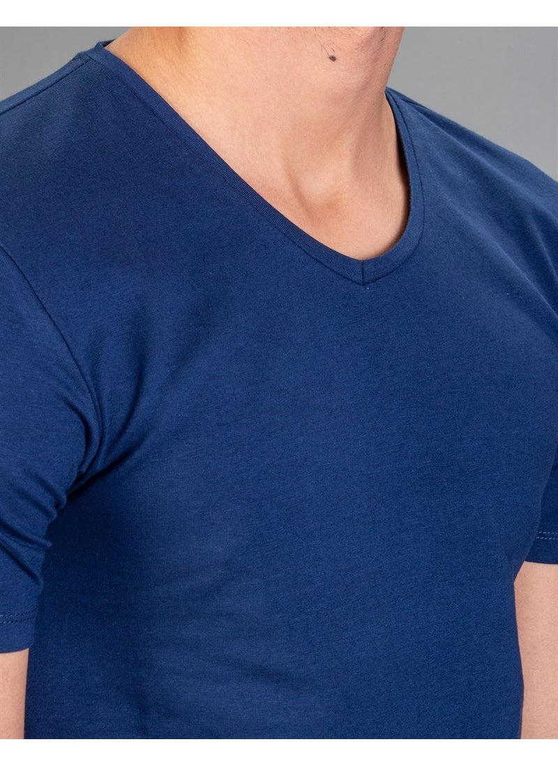 V-Neck Lycra Plain Navy Blue T-Shirt