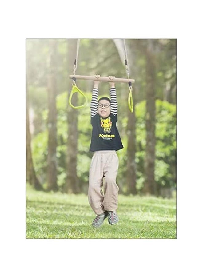 Wooden Trapeze with Plastic Gym Rings - Outdoor N Indoor Playground 2 in 1 Swing Set Accessories for Kids (Green).