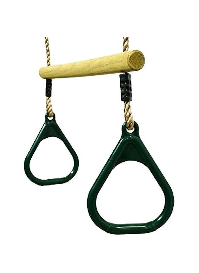 Wooden Trapeze with Plastic Gym Rings - Outdoor N Indoor Playground 2 in 1 Swing Set Accessories for Kids (Green).