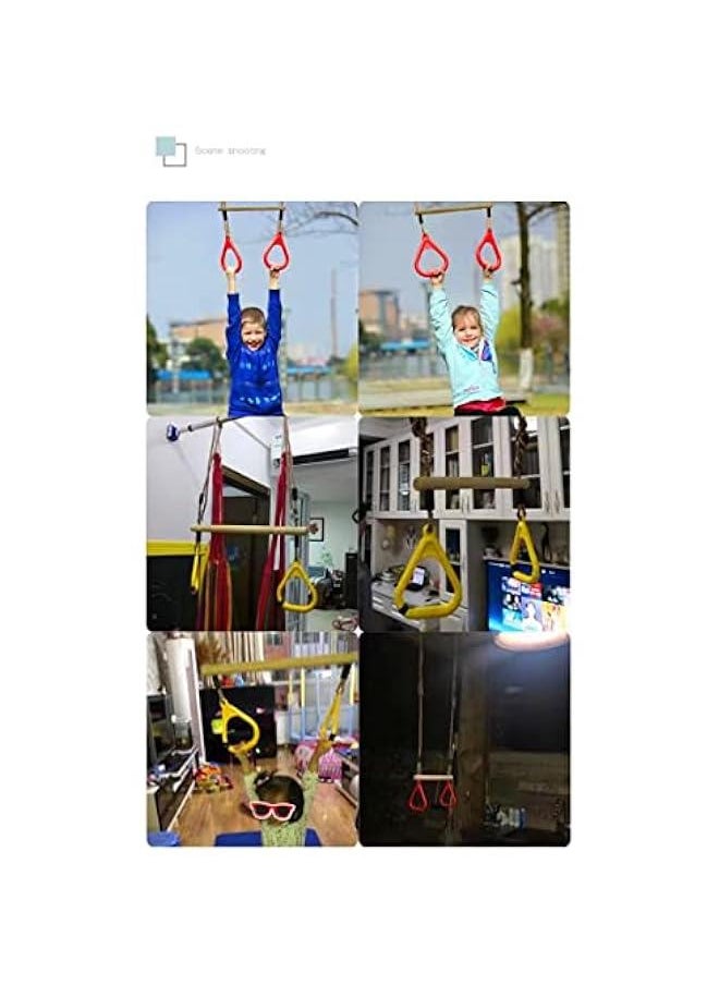 Wooden Trapeze with Plastic Gym Rings - Outdoor N Indoor Playground 2 in 1 Swing Set Accessories for Kids (Green).