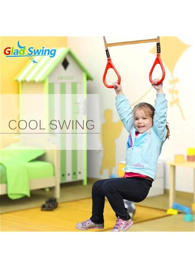 Wooden Trapeze Swing Bar Rings Swing Set Accessories-Outdoor Indoor Playground 2 in 1 for Kids (Blue)