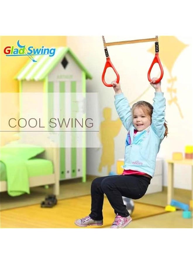 Wooden Trapeze Swing Bar Rings Swing Set Accessories-Outdoor Indoor Playground 2 in 1 for Kids (Blue)