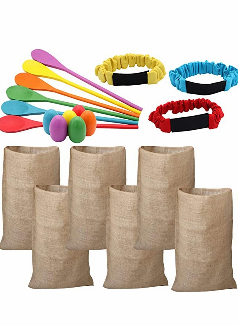 Outdoor Game 6 Player Carnival Games Potato Sack Race Bags, Egg and Spoon Race, Legged Relay Race Bands Elastic Tie Rope Birthday Party Lawn Games