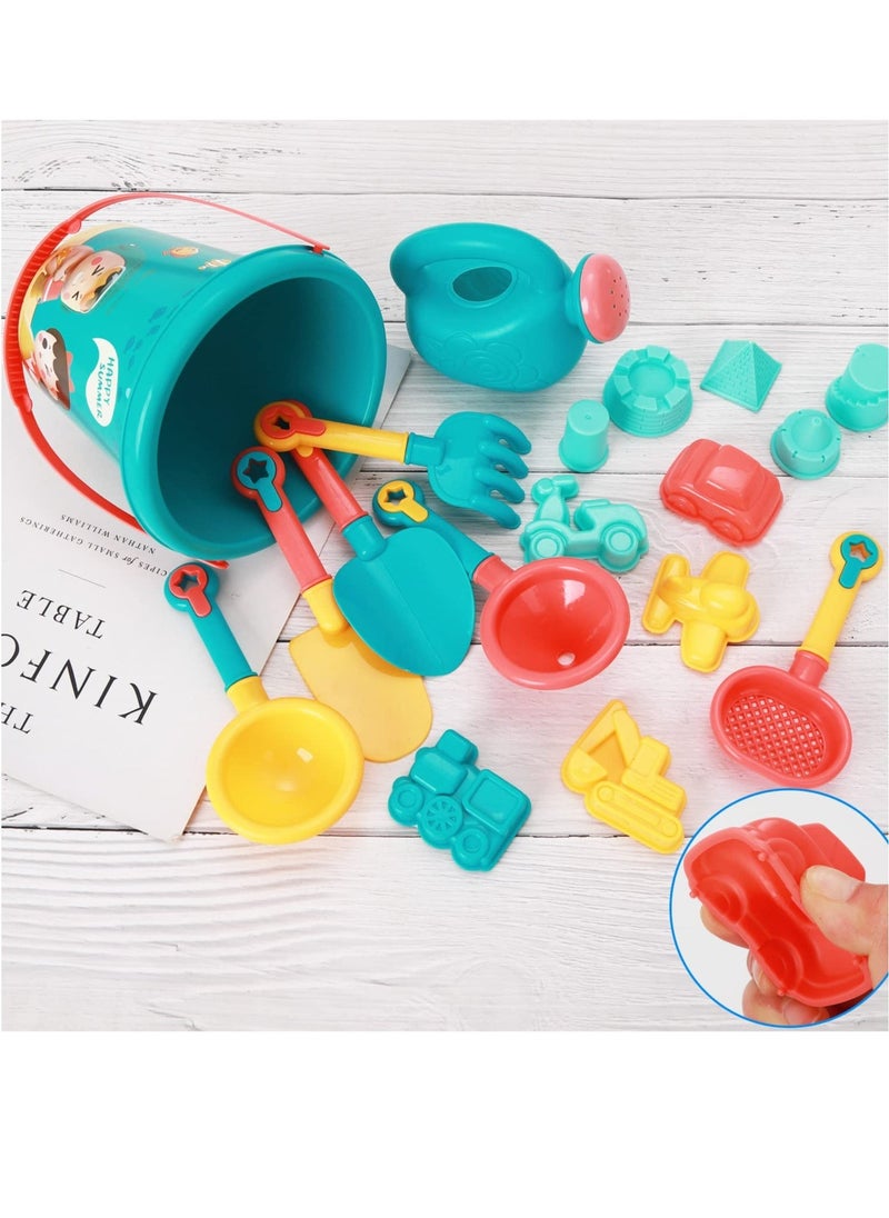 Beach Toys Set for Kids, 18 Pcs Sand Toys with Buckets, Watering Cans, Shovels, Rakes, Castle, Digger, Car Molds and Reusable Mesh Bag, Outdoor Fun Sand Tools for Toddler Children Boys Girls