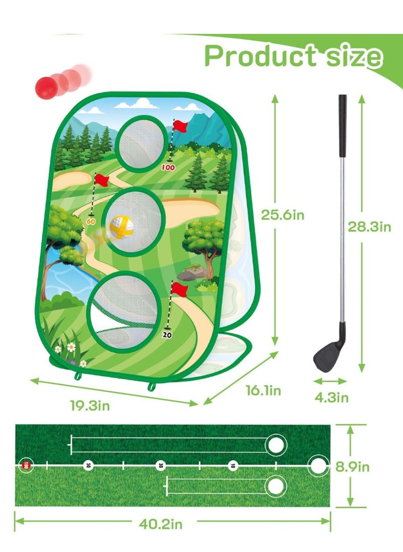 4-In-1 Kids Sticky Golf Games Set With Club, Putting Practice Mat,3-Sided Chipping Net, Multiple Game Modes, Cornhole Board Set, Indoor & Outdoor For Adults