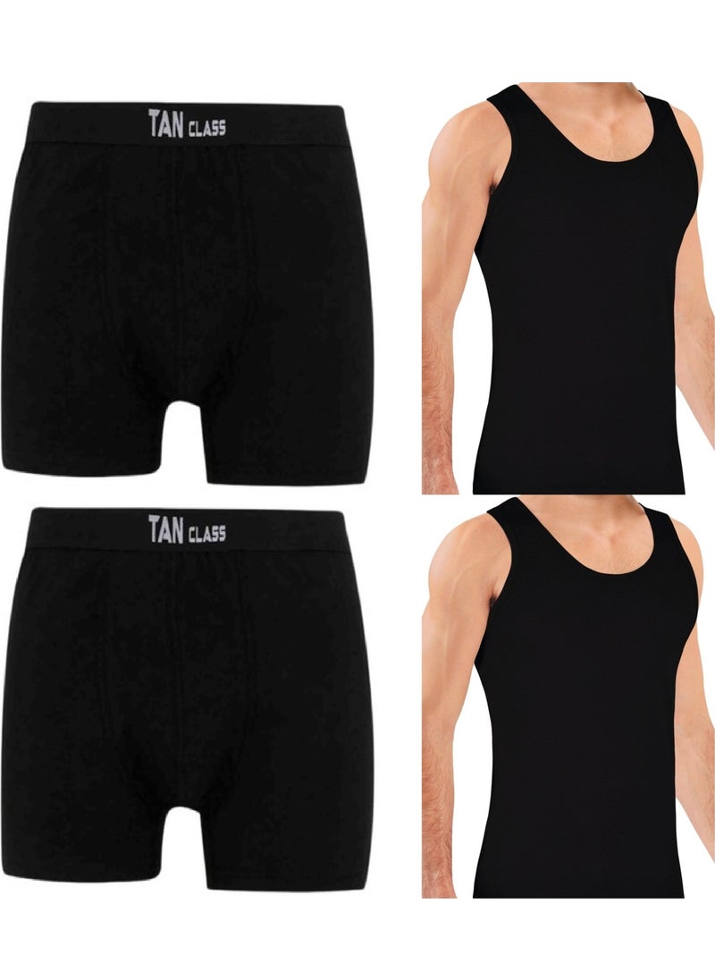 Economic Package 2 Pieces Black Lycra Boxers, 2 Pieces Classic Black Undershirt Flexible Fabric, Slim Fit