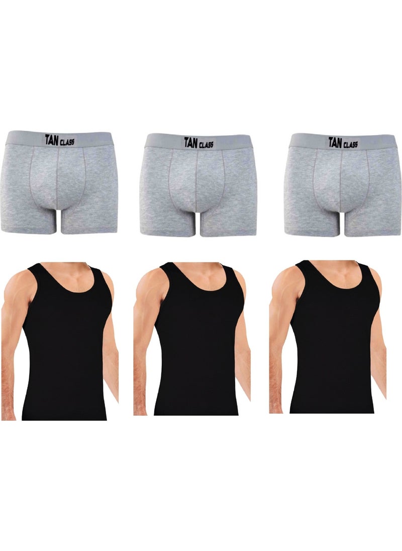 Economic Package 3 Pieces Grey Lycra Boxer, 3 Pieces Classic Black Undershirt Flexible Fabric, Slim Fit