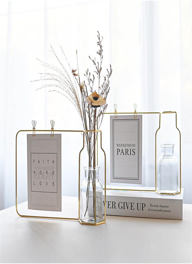 2 Pcs Glass Flower Vase with Gold Metal Photo Frame, Metal Frame Flower Vases Clear Hydroponic Plant Vases for Living Room Bedroom Modern Minimalist Classic Creative Home Office Decoration