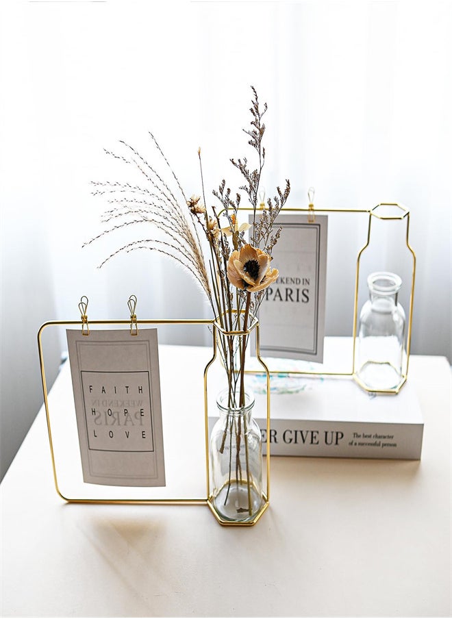 2 Pcs Glass Flower Vase with Gold Metal Photo Frame, Metal Frame Flower Vases Clear Hydroponic Plant Vases for Living Room Bedroom Modern Minimalist Classic Creative Home Office Decoration