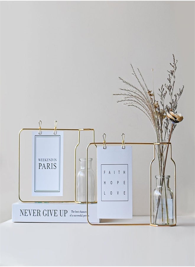 2 Pcs Glass Flower Vase with Gold Metal Photo Frame, Metal Frame Flower Vases Clear Hydroponic Plant Vases for Living Room Bedroom Modern Minimalist Classic Creative Home Office Decoration