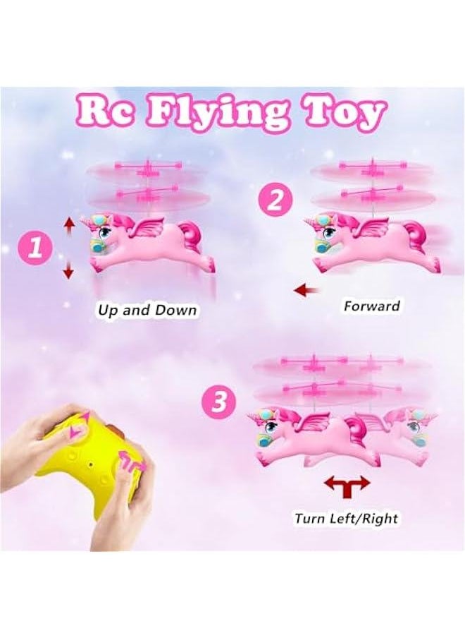 Unicorn Remote Control Helicopter, Flying Unicorn Toys for Girls Age 6-8 9-14 Years and Up, Rechargeable 2 Channel Rc Helicopter Mini Drone Flying Toy with LED Lights for Kids Indoors Birthday Gift