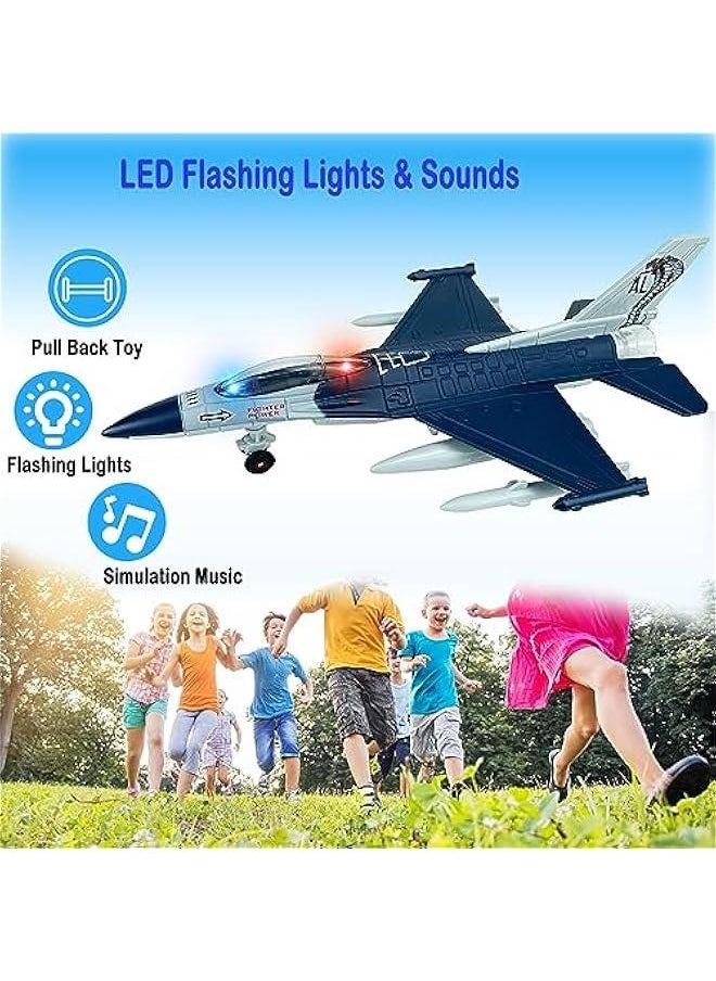 Fighter Jet, Diecast Metal Pull Back Airplane Toy with Flashing Lights and Sounds, Military Plane Model for 3-12 Years Old Boys Birthday Gift (Holder Included)