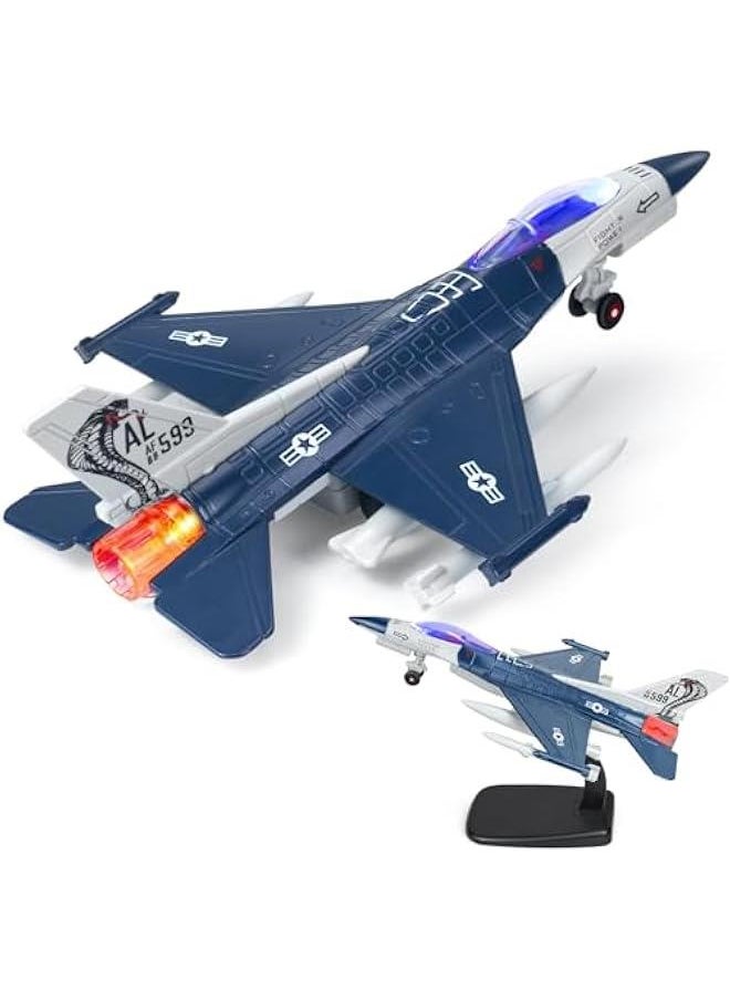 Fighter Jet, Diecast Metal Pull Back Airplane Toy with Flashing Lights and Sounds, Military Plane Model for 3-12 Years Old Boys Birthday Gift (Holder Included)