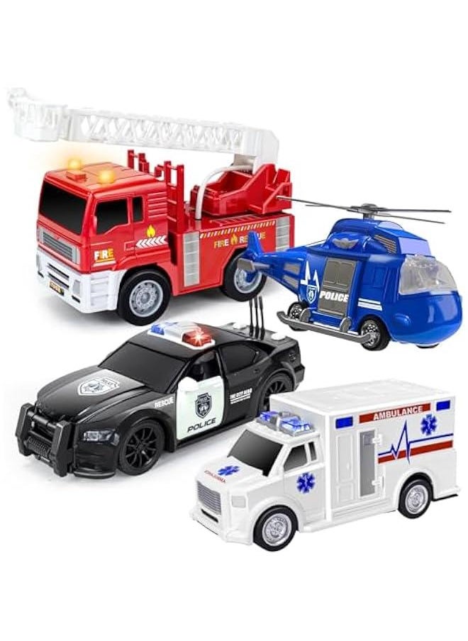 4 Pack Emergency Vehicles Toy Set, 1:20 Scale Big Fire Truck, Ambulance, Helicopter, Police Car Toy for 2 3 4 5 6 Year Boys Toddlers Gift, Friction Powered Vehicles with Lights & Sounds, A