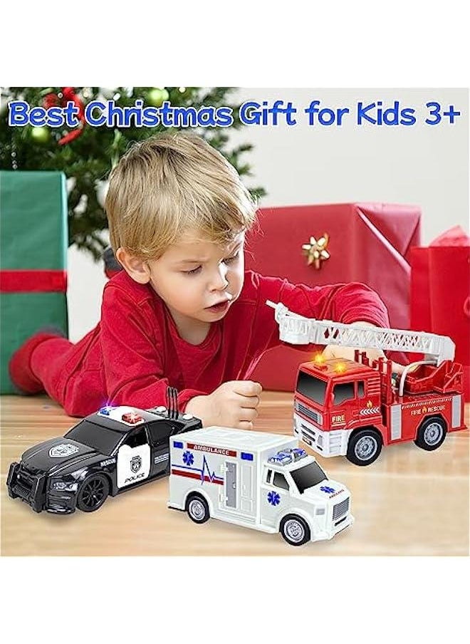 4 Pack Emergency Vehicles Toy Set, 1:20 Scale Big Fire Truck, Ambulance, Helicopter, Police Car Toy for 2 3 4 5 6 Year Boys Toddlers Gift, Friction Powered Vehicles with Lights & Sounds, A