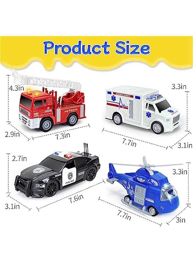 4 Pack Emergency Vehicles Toy Set, 1:20 Scale Big Fire Truck, Ambulance, Helicopter, Police Car Toy for 2 3 4 5 6 Year Boys Toddlers Gift, Friction Powered Vehicles with Lights & Sounds, A