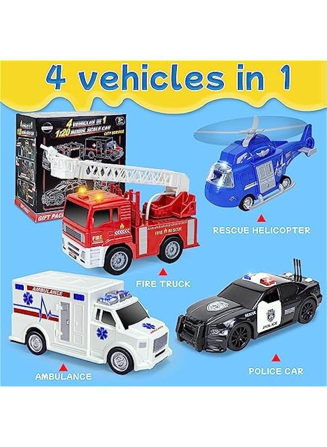 4 Pack Emergency Vehicles Toy Set, 1:20 Scale Big Fire Truck, Ambulance, Helicopter, Police Car Toy for 2 3 4 5 6 Year Boys Toddlers Gift, Friction Powered Vehicles with Lights & Sounds, A