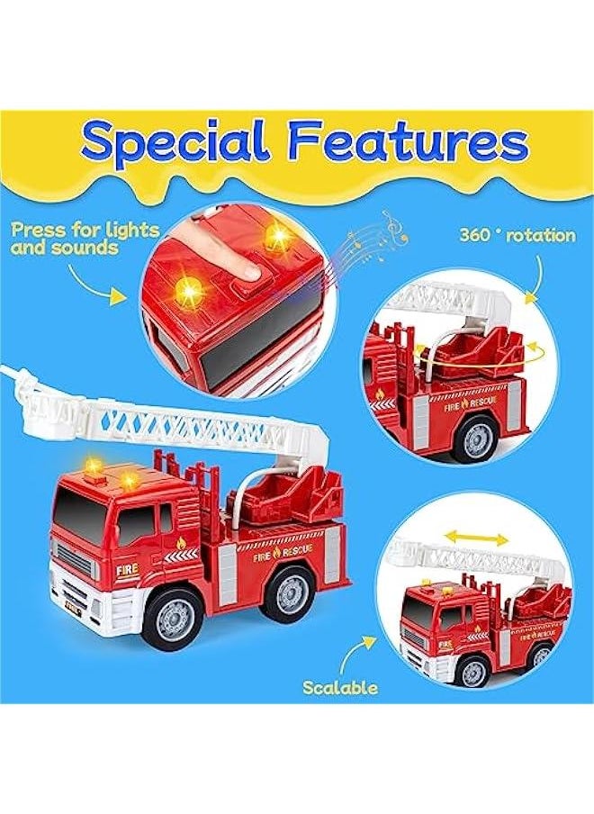 4 Pack Emergency Vehicles Toy Set, 1:20 Scale Big Fire Truck, Ambulance, Helicopter, Police Car Toy for 2 3 4 5 6 Year Boys Toddlers Gift, Friction Powered Vehicles with Lights & Sounds, A