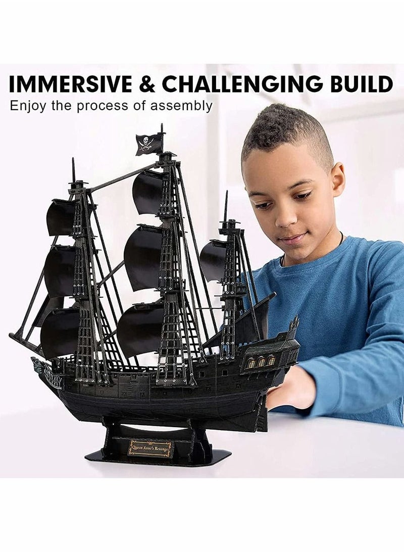 3D Puzzles for Adults Black Pirate Ship Model Kit, Third Generation Upgrade Queen Anne's Revenge Sailboat Building Kits Family Puzzle, Watercraft Desk Decor Gifts for Women Men, 180 Pieces