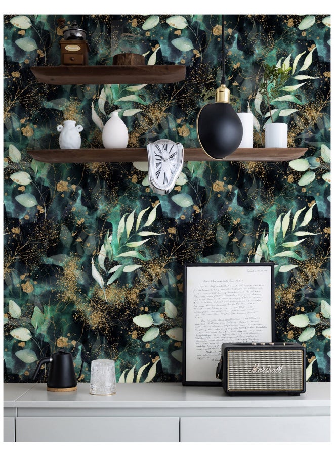 HAOKHOME 93208 Boho Peel and Stick Wallpaper Leaves Branch Removable Black/Green/Matte Gold Vinyl Self Adhesive Mural for Bedroom 17.7in x 9.8ft