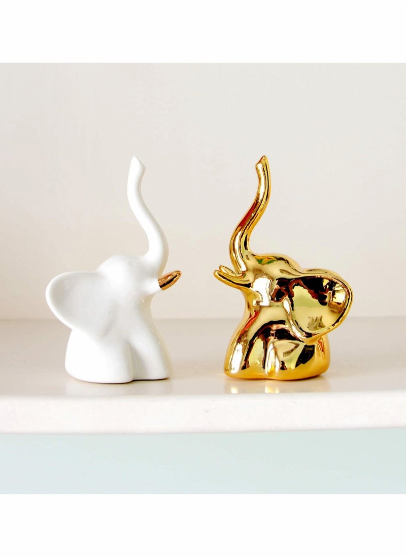 Home Decor Elephant Statues,1 Pair, Small Decorative Accents for Shelves, Livingroom and Bedroom, Gold and White