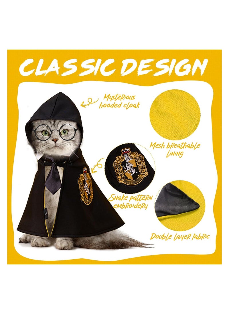 Pet Costume Harry Potter Witchcraft Style, Dog Cat Cute Halloween Costumes Cape Cosplay Costume Set, Wizard Pet Clothes Apparel Soft Hoodies with Glasses Neckties, Yellow (Large Size)