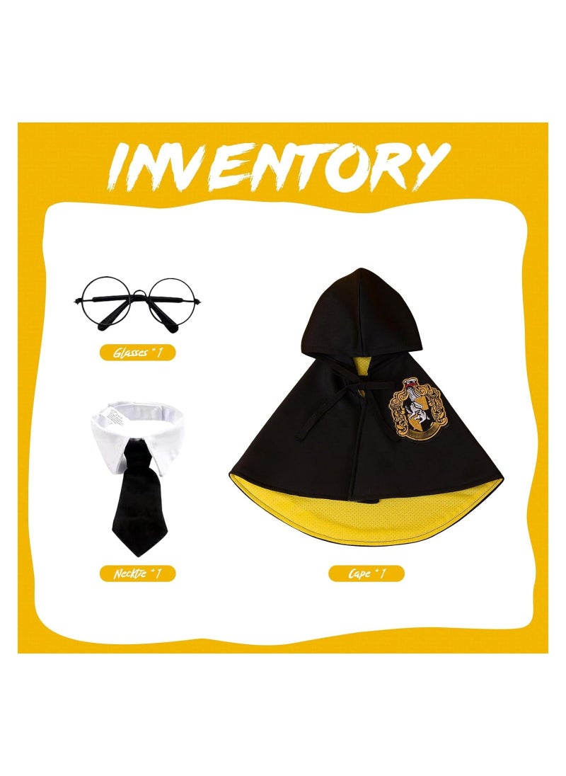 Pet Costume Harry Potter Witchcraft Style, Dog Cat Cute Halloween Costumes Cape Cosplay Costume Set, Wizard Pet Clothes Apparel Soft Hoodies with Glasses Neckties, Yellow (Large Size)