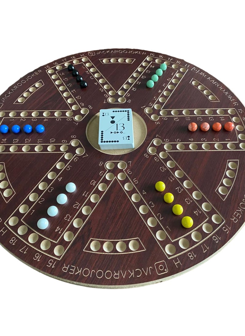 Jakaroo board game two-sided brown for 4 and 6 players with marbles and original cards