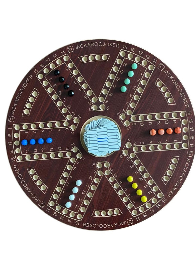 Jakaroo board game two-sided brown for 4 and 6 players with marbles and original cards