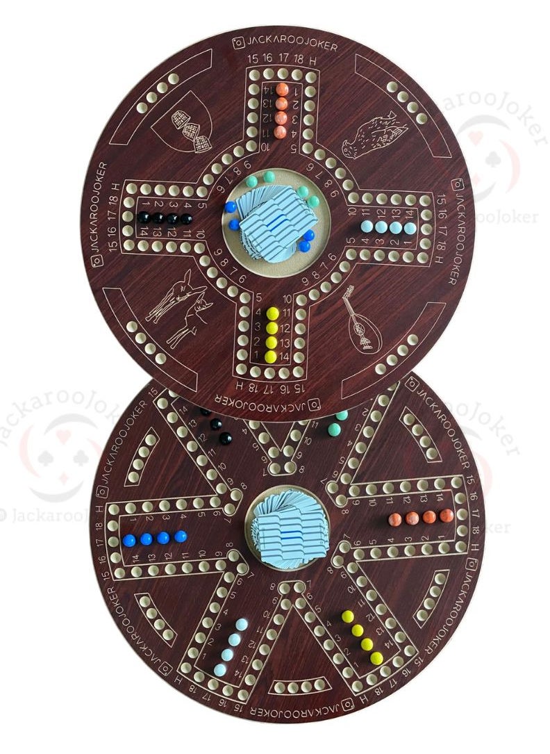 Jakaroo board game two-sided brown for 4 and 6 players with marbles and original cards