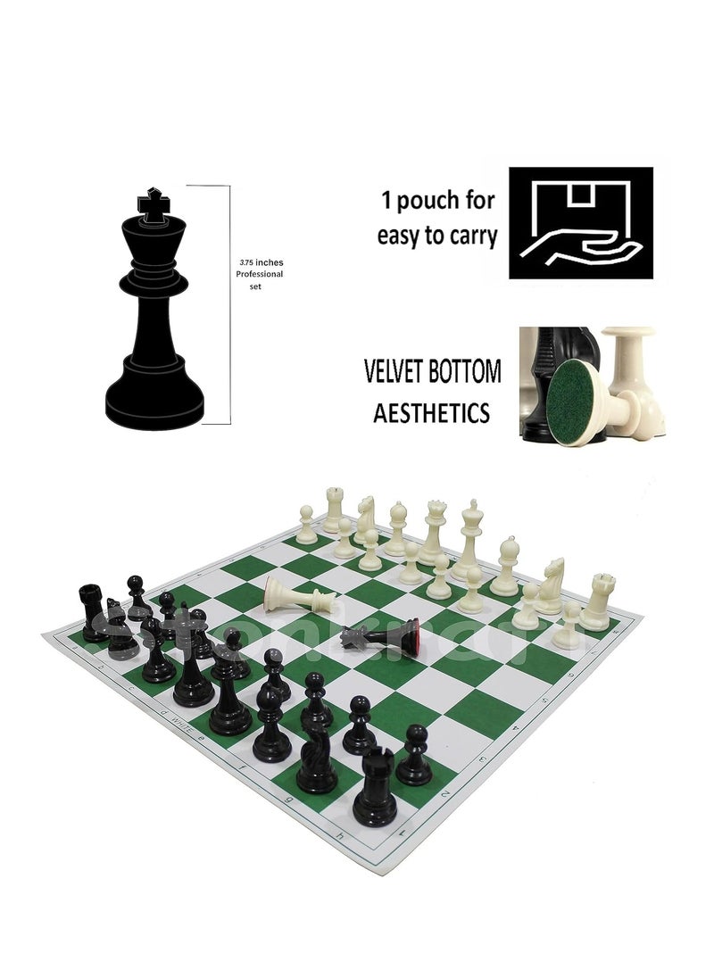 Ston Kraft 18.2'' x 18.2'' Tournament Chess Vinyl Foldable Chess Game with Solid Plastic Pieces (with Two Extra Queens + Vinly Pouch) - for Professional Chess Players - Green