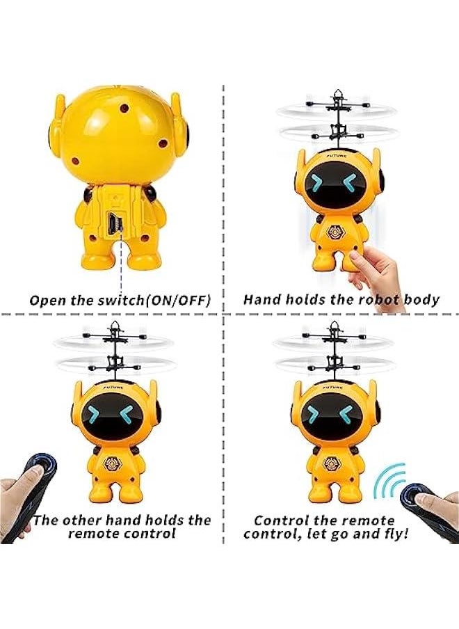 Rc Flying Robot Toys for 5 6 7 8-12 Years Old Boys Girls- Remote Control Helicopter Built-in LED Mini Drone Flying Toy for Kids & Adults Indoor Outdoor Games Birthday Gift, Yellow