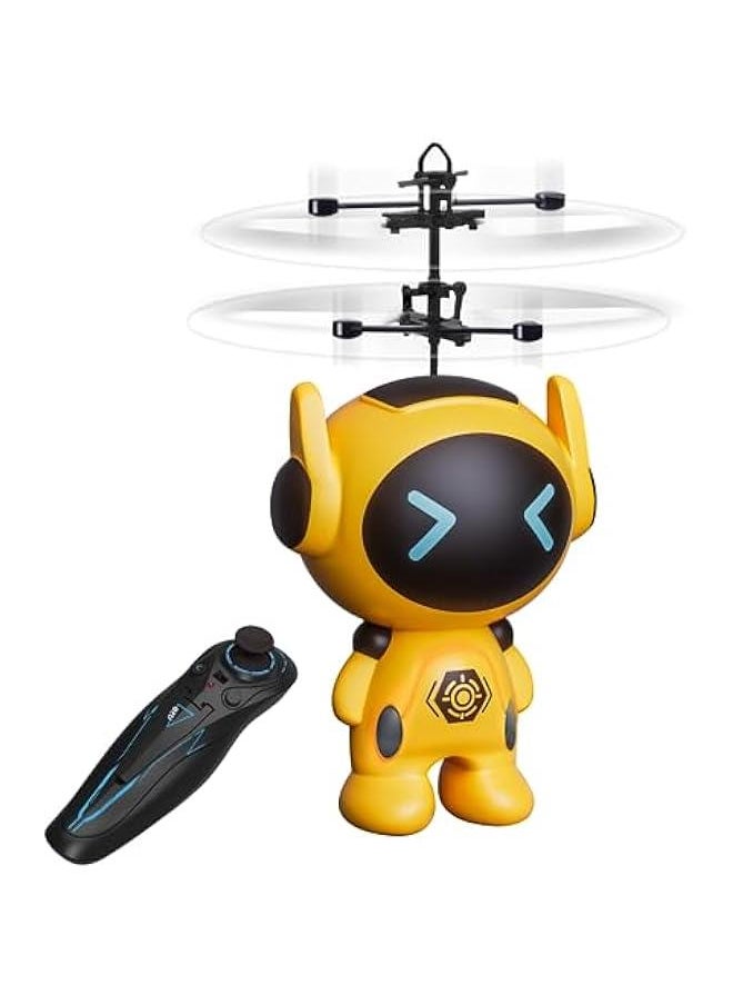 Rc Flying Robot Toys for 5 6 7 8-12 Years Old Boys Girls- Remote Control Helicopter Built-in LED Mini Drone Flying Toy for Kids & Adults Indoor Outdoor Games Birthday Gift, Yellow