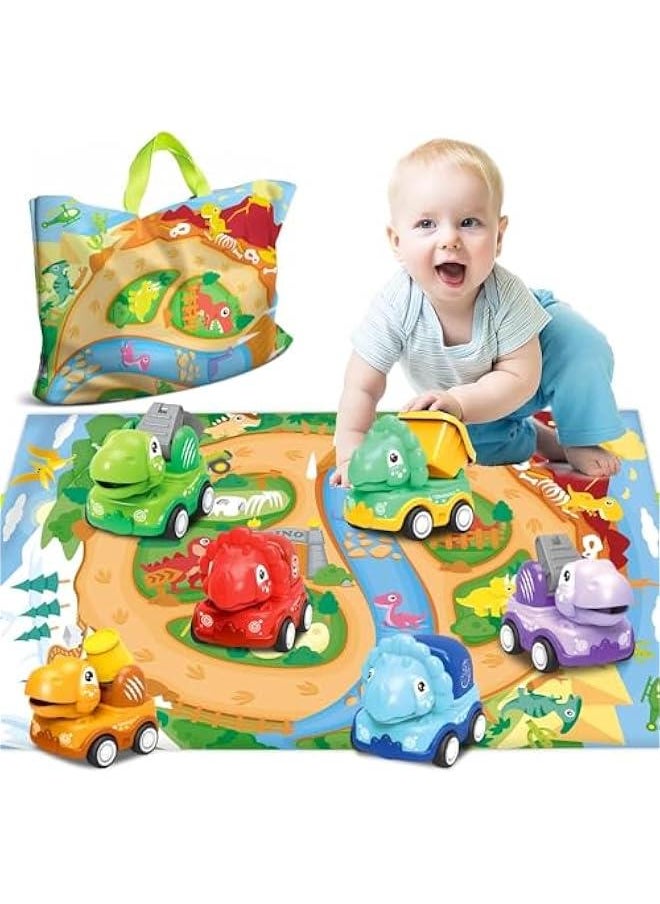 Dinosaur Toddler Toys for 1 2 3 Years Old Boys Girls, 6 Pack Construction Trucks for Toddlers 1-3 with Playmat/Storage Bag|Baby Toys 12-18 Months | 1 2 Year Old Boy Car Toys Birthday Gift