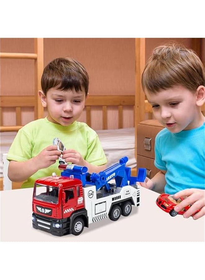 Diecast Tow Truck Toy- Pull Back Truck Vehicles with Lights & Sound and 2Pcs Mini Toy Cars Carrier Truck Toys, Metal Tow Truck and Trailer Toy for Boys Age 3 4-7 8 9 Years Old