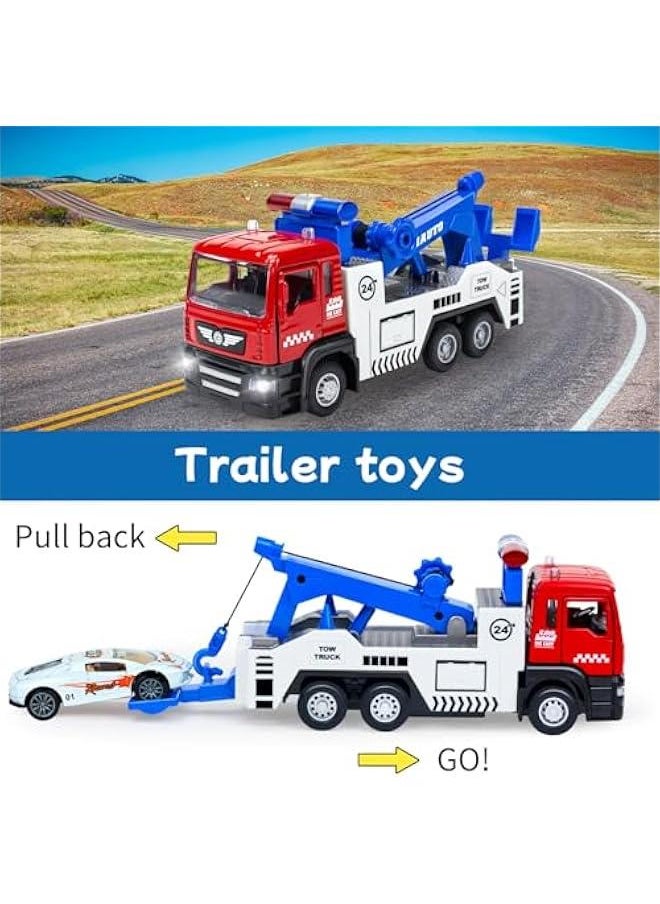 Diecast Tow Truck Toy- Pull Back Truck Vehicles with Lights & Sound and 2Pcs Mini Toy Cars Carrier Truck Toys, Metal Tow Truck and Trailer Toy for Boys Age 3 4-7 8 9 Years Old