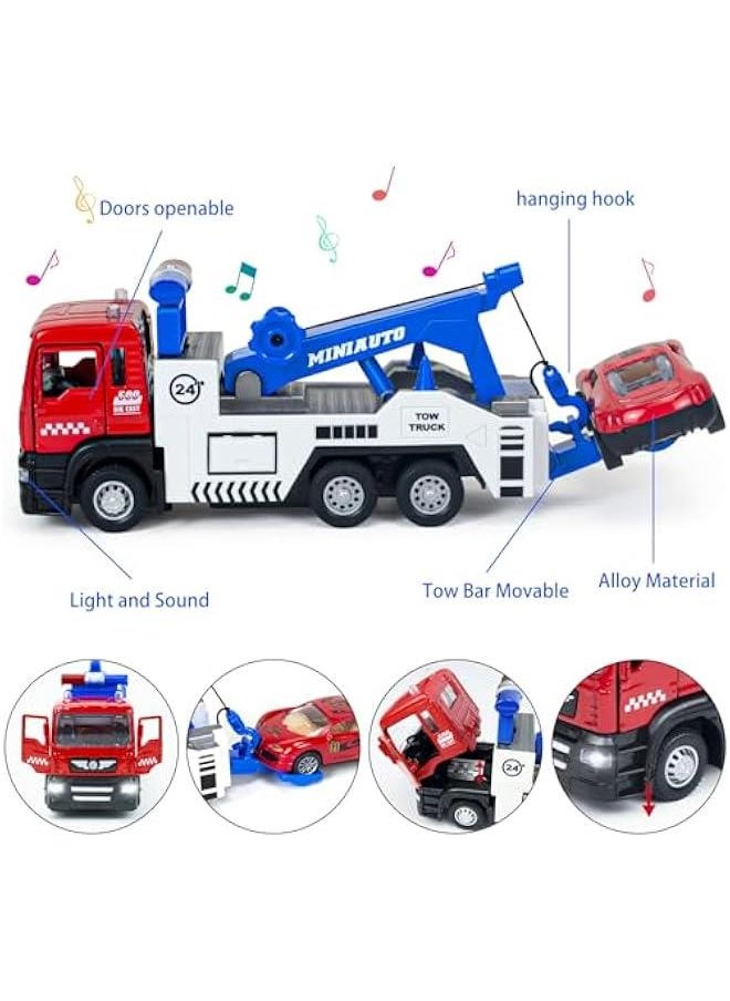 Diecast Tow Truck Toy- Pull Back Truck Vehicles with Lights & Sound and 2Pcs Mini Toy Cars Carrier Truck Toys, Metal Tow Truck and Trailer Toy for Boys Age 3 4-7 8 9 Years Old