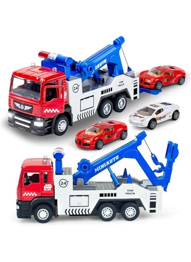 Diecast Tow Truck Toy- Pull Back Truck Vehicles with Lights & Sound and 2Pcs Mini Toy Cars Carrier Truck Toys, Metal Tow Truck and Trailer Toy for Boys Age 3 4-7 8 9 Years Old