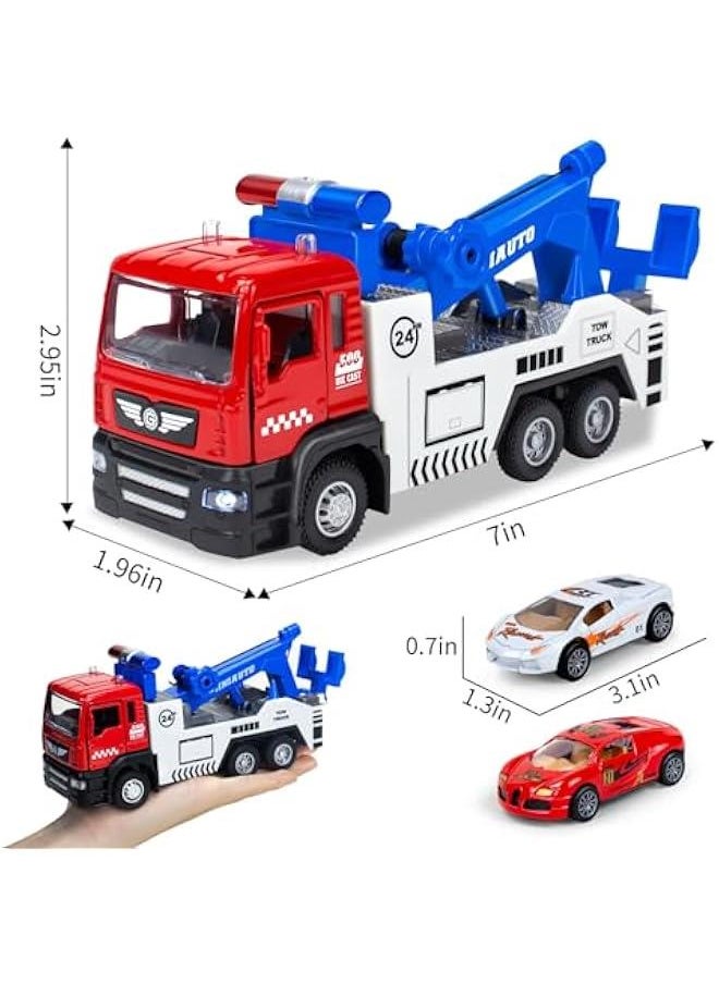 Diecast Tow Truck Toy- Pull Back Truck Vehicles with Lights & Sound and 2Pcs Mini Toy Cars Carrier Truck Toys, Metal Tow Truck and Trailer Toy for Boys Age 3 4-7 8 9 Years Old