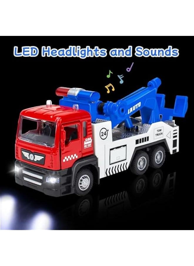 Diecast Tow Truck Toy- Pull Back Truck Vehicles with Lights & Sound and 2Pcs Mini Toy Cars Carrier Truck Toys, Metal Tow Truck and Trailer Toy for Boys Age 3 4-7 8 9 Years Old