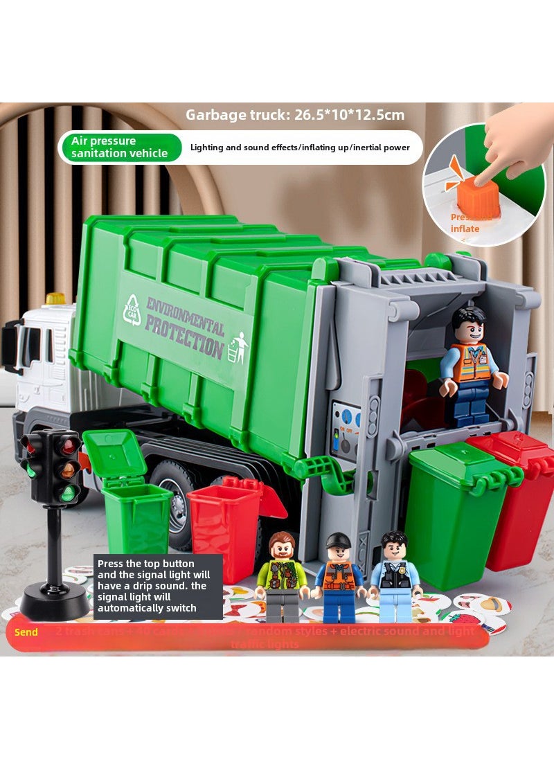 Oversized childrens garbage truck sanitation truck engineering truck truck Self Loading Dump Trash Can childrens toy boy [Air Pressure] Large Garbage Truck Green Set +3 Doll + Traffic Light