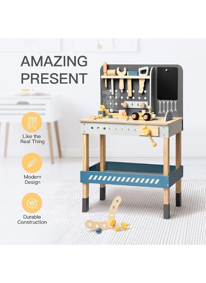 ROBOTIME Wooden Tool Bench for Kids Toy Play Workbench Workshop with Tools Set, Creative Wood Construction Tool Bench Toy for 3 4 5 Year Old Boys Girls