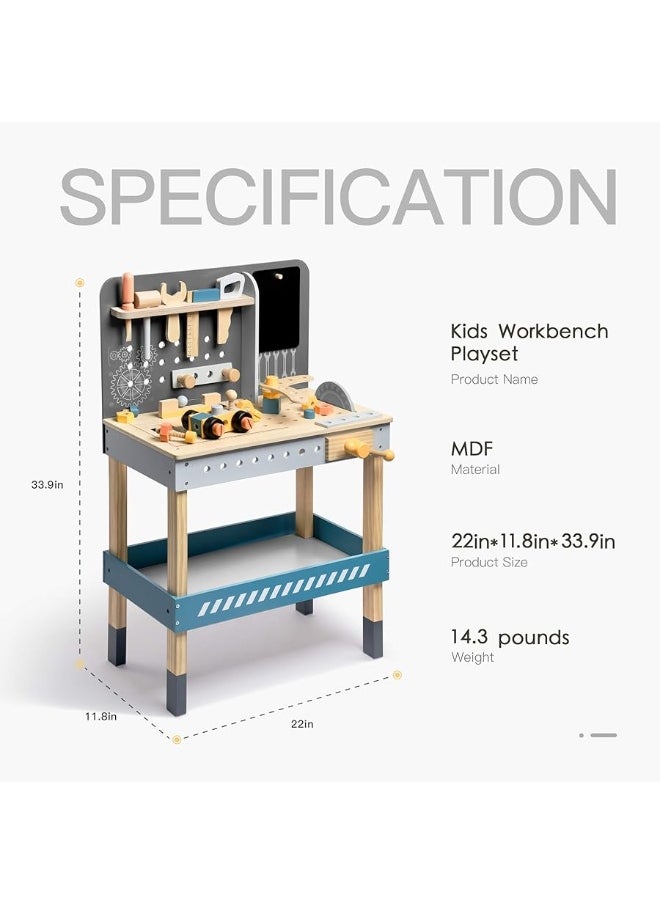 ROBOTIME Wooden Tool Bench for Kids Toy Play Workbench Workshop with Tools Set, Creative Wood Construction Tool Bench Toy for 3 4 5 Year Old Boys Girls